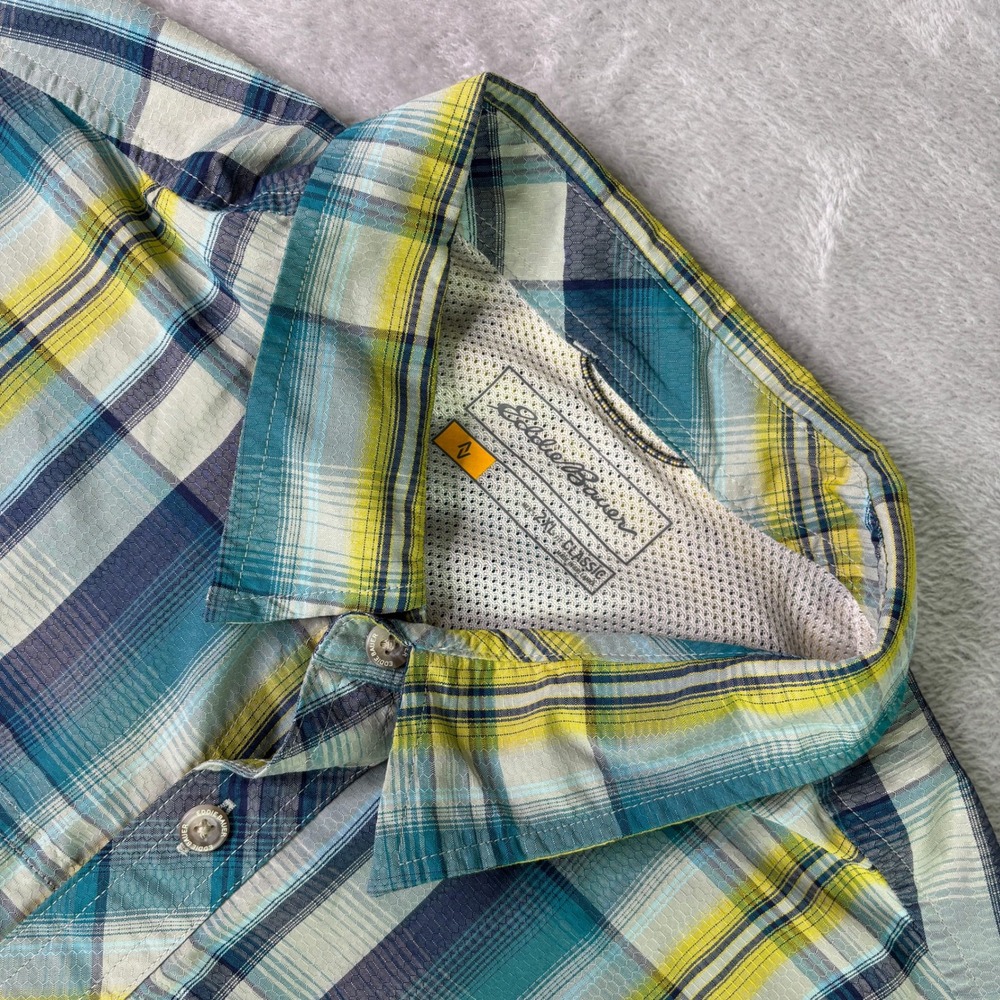 Eddie Bauer Mens 2XL Classic Fit Plaid Short Sleeve Hiking Shirt Teal Yellow